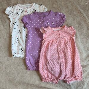 Carter's Pink, Purple, & White Animal  Baby Romper Set of 3